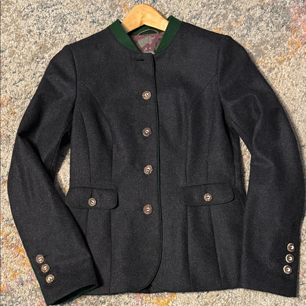 Kleider Manufaktur Habsburg Gray Women's Jacket with Green Trim & Horn Buttons 4 - Picture 6 of 12
